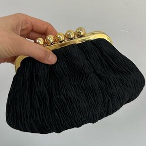 1990's Black Ruched Glamorous Clutch Hinge Opening Gold Tone Hardware